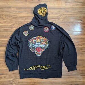 Vintage Ed Hardy Black Zip Hoodie Big Tiger Logo Embroidery Patches Size 2XL